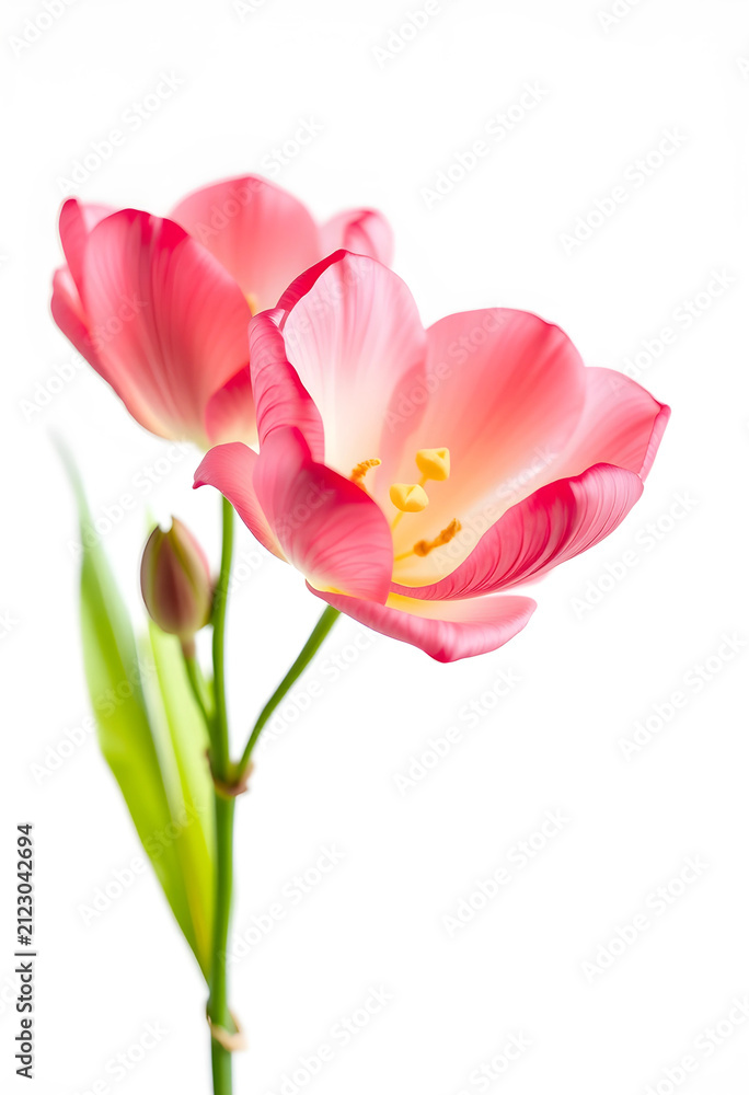 Obraz premium Pink tulip flowers with green stem and bud, spring bloom and growth concept, isolated on a clean white background