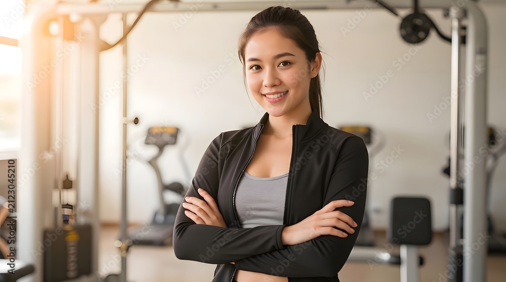 Fototapeta premium Smiling young athletic woman standing confidently with crossed arms inside modern fitness center training facility