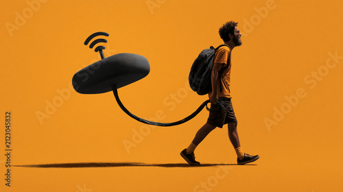 Man Walking Smart Speaker on Leash Technology Concept