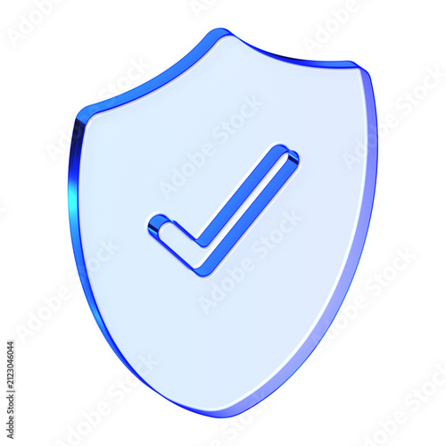 Blue glass shield check icon in glassmorphism style for cybersecurity, functional protection symbol designed for safe verification, antivirus, and security status