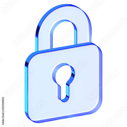 Blue glass lock icon in glassmorphism style for account security, sleek padlock symbol designed for digital protection, password access, and privacy interfaces
