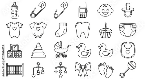 Minimalist baby line icons set, 24 newborn care and nursery symbols vector, black outline infant accessories and toy collection for parenting apps