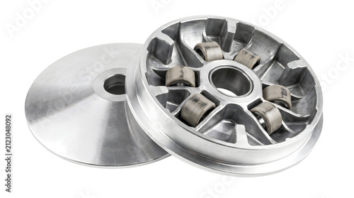 Two parts of a scooter's variator clutch system, showing the pulley and the movable sheave with weights.