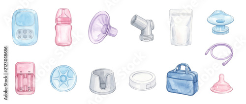 Breast pump accessories watercolor set of baby feeding equipment, milk storage bag, bottle, and lactation support tools isolated on black background for motherhood, pregnancy, and nursing design.