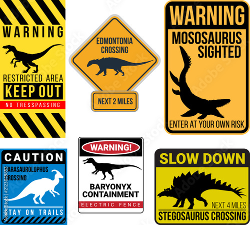 Funny Dinosaur Warning Signs Set, Jurassic Park Style Road Signs, Prehistoric Danger Labels, Dinosaur Crossing Vector Collection