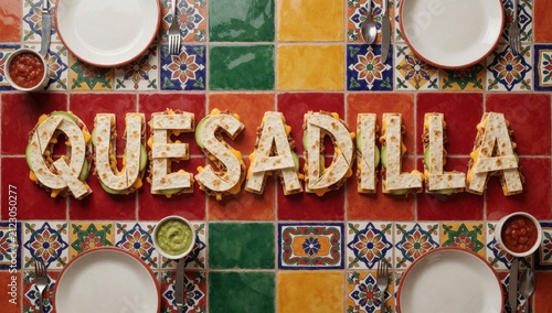 Word quesadilla spelled large colorful letters tiled background arranged way form playful font made different