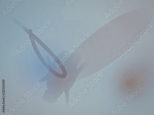 Artistic interpretation of surfing gear, a blurred board and leash in serene, flowing colors
