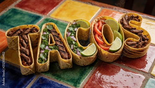 Tortillas arranged shape letter colorful mosaic tile table filled variety ingredients including shredded beef