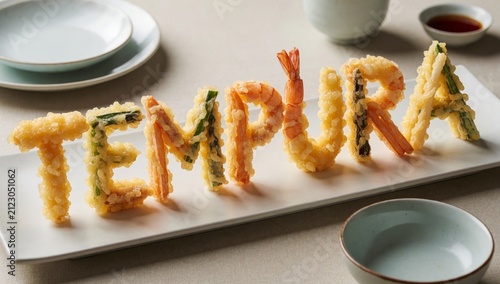 White rectangular plate word tempera spelled capital letters there several pieces tempura which type japanese