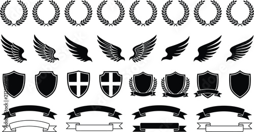 Heraldic design elements set featuring laurel wreaths wings shields and ribbon banners vector isolated white background graphic design