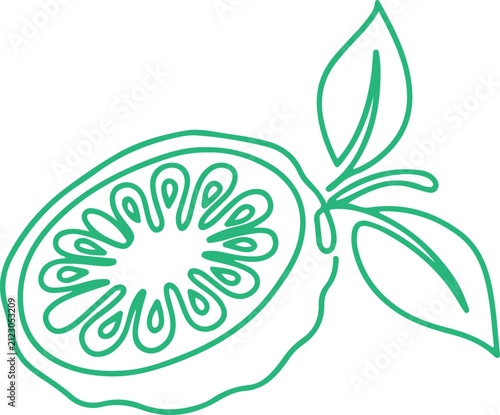 Foto Continuous One Line Drawing of whole half sliced healthy organic noni for orchard logo identity