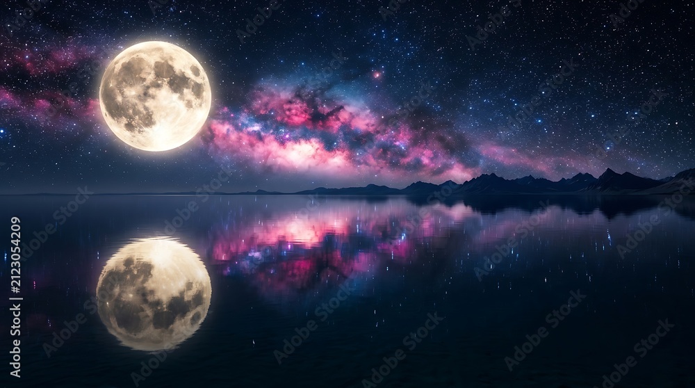 Naklejka premium Calm alien ocean planet reflecting breathtaking beautiful pink stardust night sky