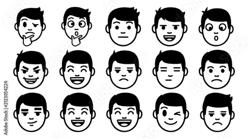 Photography Collection of Diverse Cartoon Male Faces Showing Various Emotions