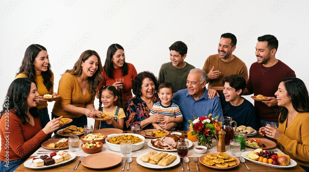 Fototapeta premium Multi generational family laughing and enjoying a festive meal together around a table laden with food