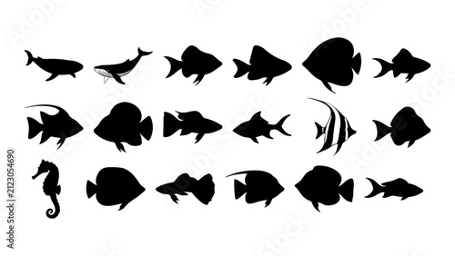 Collection of Silhouetted Fish in Various Shapes.