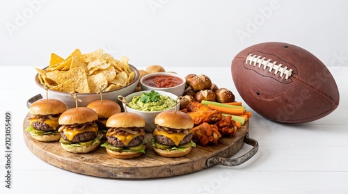 American Football Game Day Food Spread with Mini Burgers Chips Dips and Wings