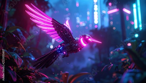 Cyberpunk hummingbird with glowing purple wings in neon forest