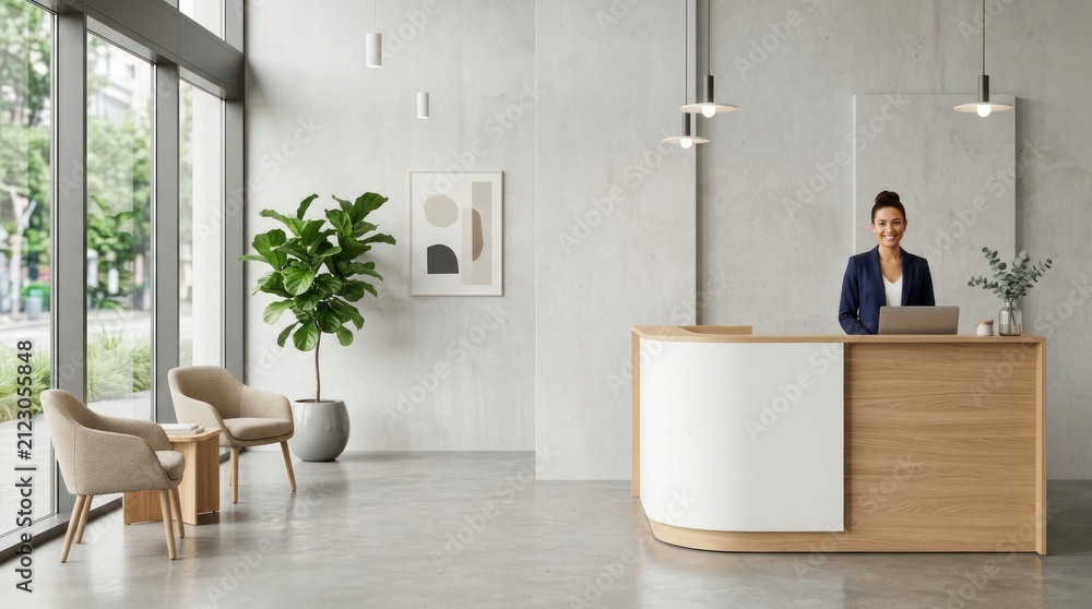 Fototapeta premium Modern office reception area with welcoming greeter and seating