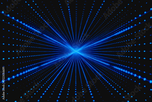 A futuristic abstract design featuring blue glowing dots forming a perspective grid, representing digital technology and data networks.