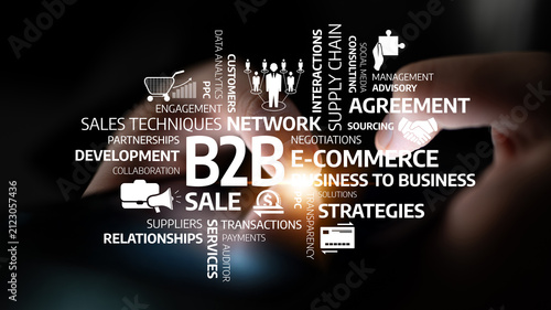 Quadro su tela This image depicts a business-to-business marketing concept featuring keywords related to e-commerce and sales strategies, complemented by a digital interaction element