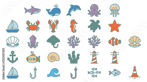 Colorful ocean sea creatures icons set.