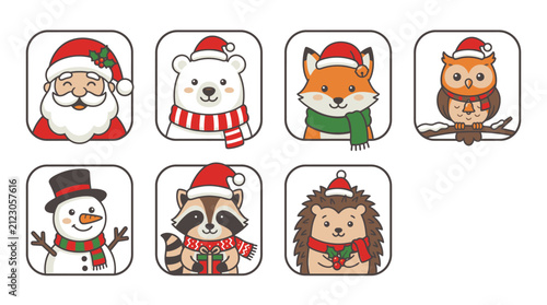 Cartoon Christmas Holiday Animal Faces.