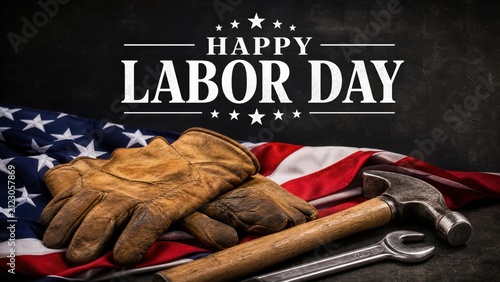 Happy labor day graphic with teddy bear, hammer, wrench and american flag