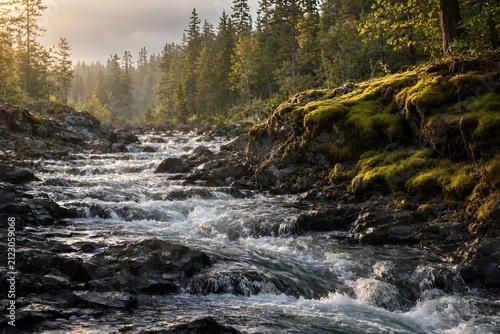 Rogue River above Union Creek, Oregon Rushes Over Jagged Stones. Mossy banks glow in golden sunlight. Nature's force moves through rocky moss terrain. Peaceful Golden Sunlight. Fast Moving Roaring.