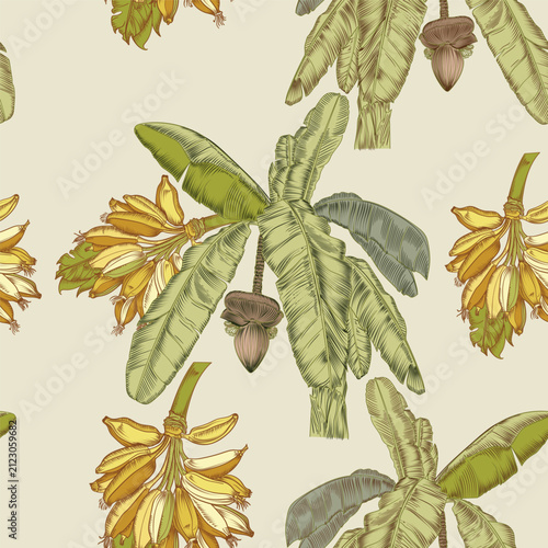 Fashion floral seamless vector fabric pattern with banana fruit and palm leaves plant