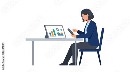 A businesswoman in a blazer sits at a desk, multitasking with a smartphone while viewing colorful data charts and graphs on a tablet screen.