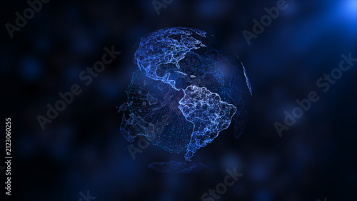 Global network on Earth HUD hologram with map data transfer with glowing network nodes and blue light wifi satellite submarine cable network system