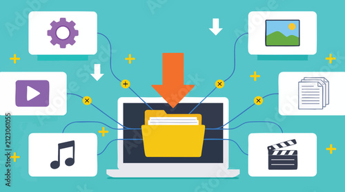 Digital Data Management and Cloud File Storage Concept with Laptop Illustration