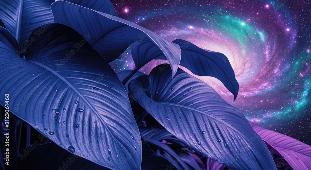 Obraz premium Deep purple and blue leaves with swirling galaxy.
