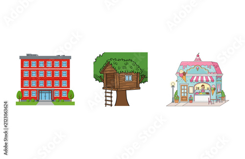 Collection of three different building structures including a residential apartment complex a backyard wooden treehouse and a colorful sweet shop
