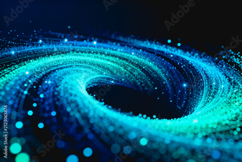 A 3D abstract digital swirl of glowing turquoise and blue particles, forming a dynamic, futuristic visual pattern against a dark background.