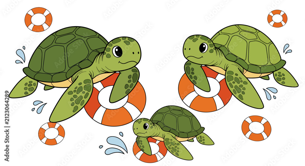 Fototapeta premium Playful Coastal Turtles Wearing Lifebuoys in Cartoon Swim Scene.