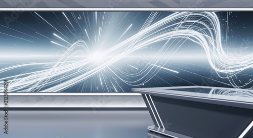 Futuristic broadcast studio with a large screen displaying abstract light trails and a modern desk in the foreground.
