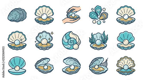 Colorful Illustrated Collection of Open Oyster Shells with Pearls.