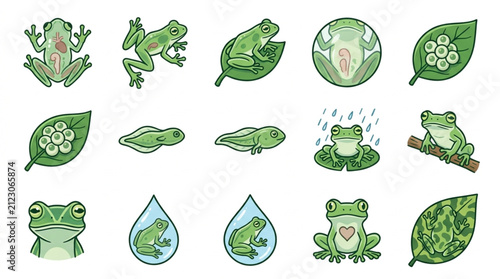 Foto Colorful cartoon frogs and nature elements illustration set.