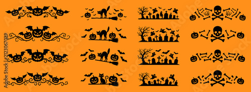 Set of decorative Halloween border elements with displays collection sixteen silhouette border cat