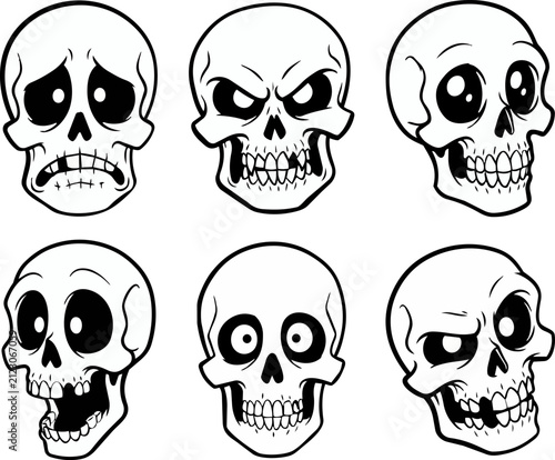 Set of cartoon skull expressions featuring various emotions in black and white line art style