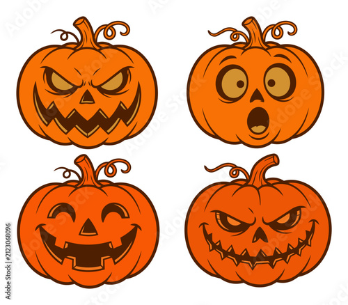 Set four cartoon pumpkins expressing diverse emotions isolated against plain white background