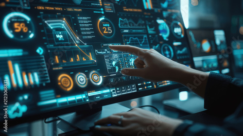 Analyst monitors performance metrics on a large illuminated digital display.