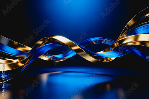 A sleek abstract 3D design featuring twisted glossy blue and gold metallic ribbons arranged symmetrically in a dynamic composition.