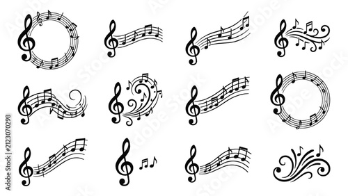 Musical Notations and Ornaments: A collection of graphic elements featuring treble clefs, musical notes, and decorative swirls, perfect for composing a symphony of design ideas.