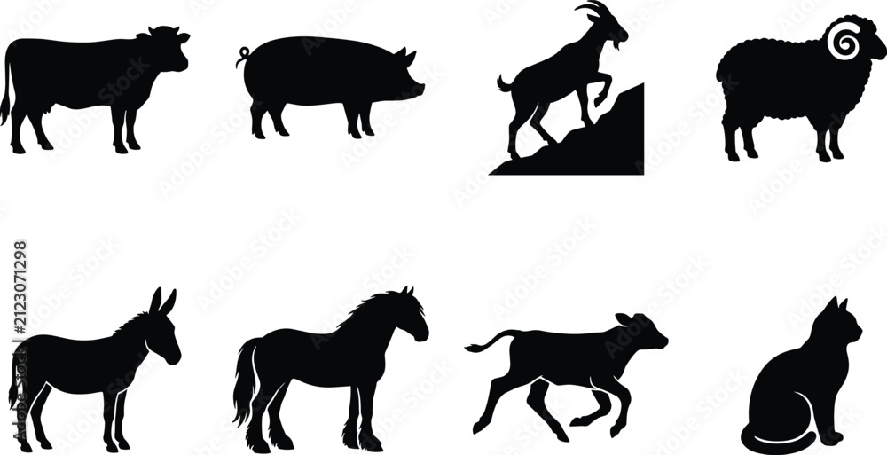 Obraz premium Set of black silhouettes featuring various farm animals, livestock, and domestic pets isolated on white background