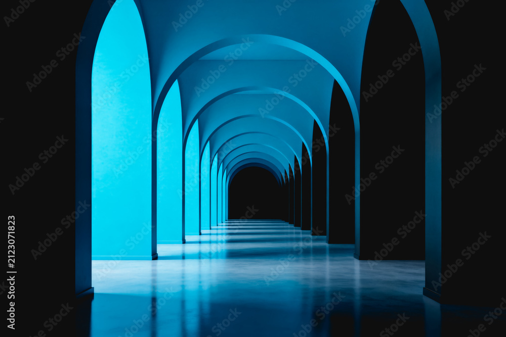 Fototapeta premium A symmetrical modern interior corridor with repeating curved cyan arches leading to a dark empty end, featuring a smooth reflective floor.
