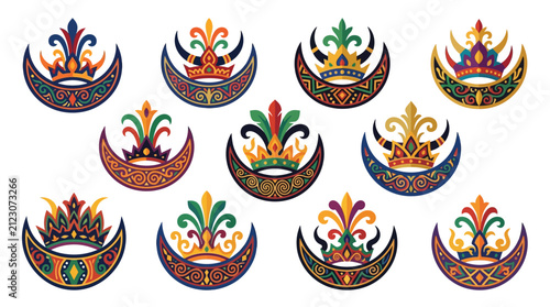 Quadro su tela Collection of ornate crowns and royal emblems with crescent moon shapes, featuring intricate patterns and vibrant colors