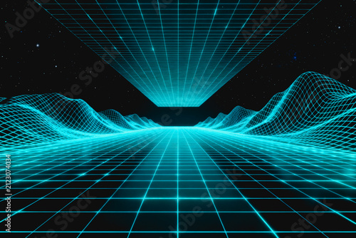 A 3D neon wireframe landscape forms a glowing grid path leading into a starry outer space backdrop, showcasing a futuristic digital aesthetic.