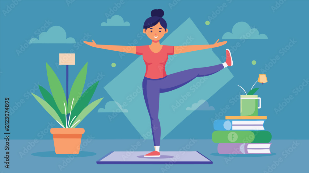 Fototapeta premium Editorial woman practicing yoga at home vector illustration with exercise lifestyle wellness stretching training meditation interior practice strength vector illustration
